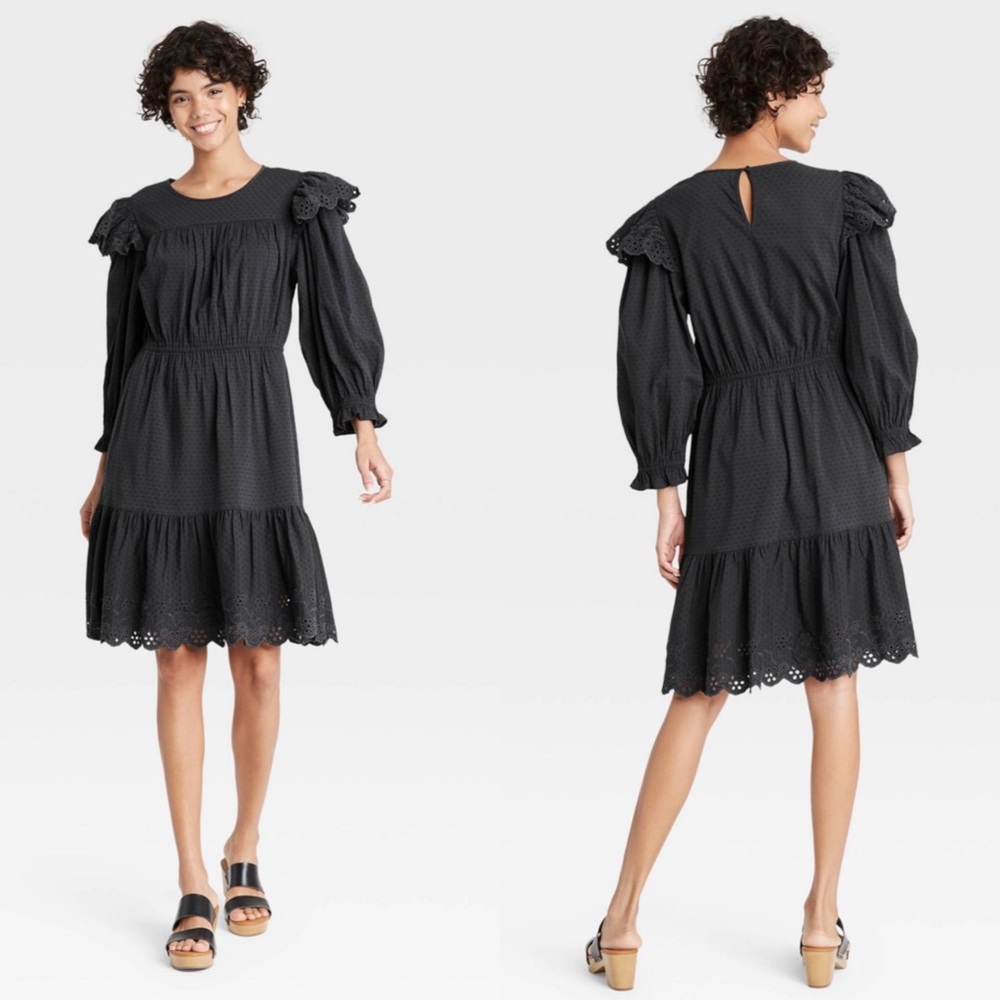 Universal Thread Gray Ruffle 3/4 Length Sleeve Eyelet Dress NWT 013096956